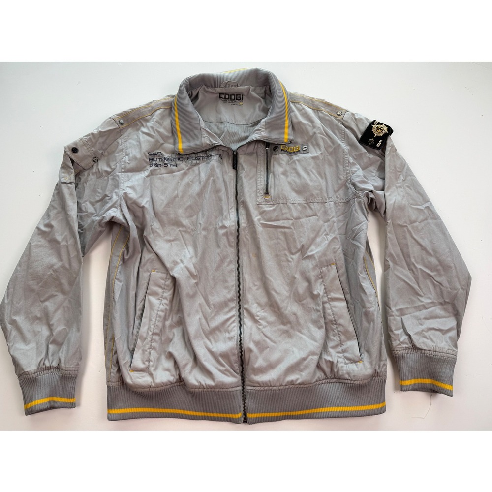 Coogi Australia Mens XL Grey Cotton Bomber Jacket Yellow Accents Full Zip Coat